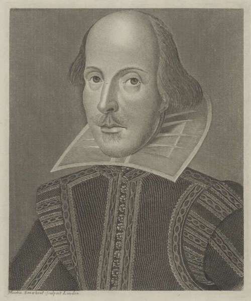 Black and white print of William Shakespeare wearing formal attire