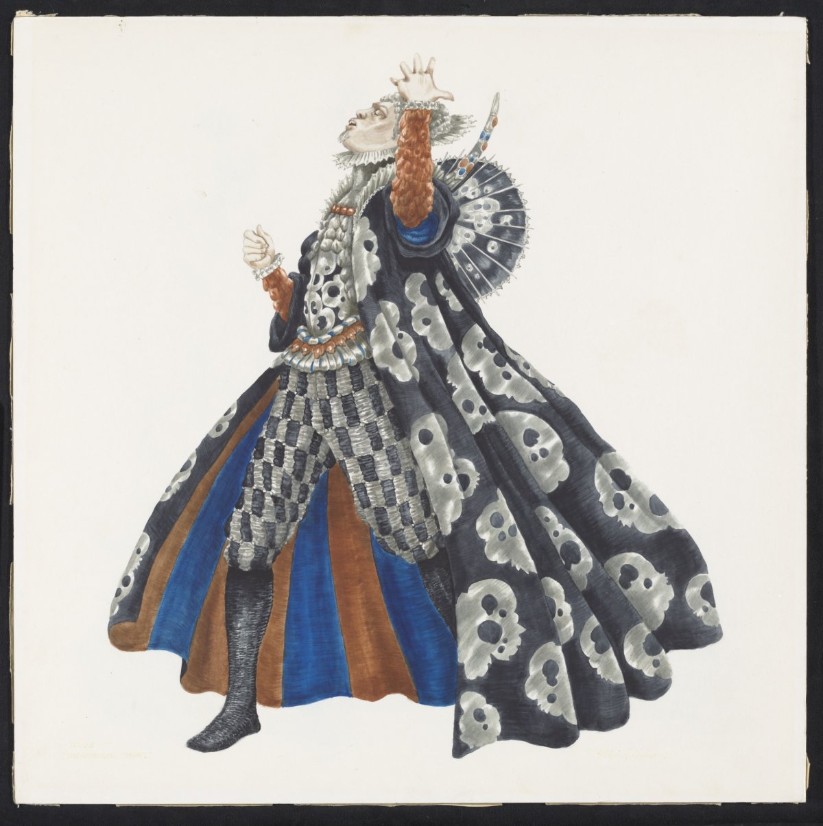 Sketch showing costume design featuring a long cape, blue and brown patterns and regal detailing.