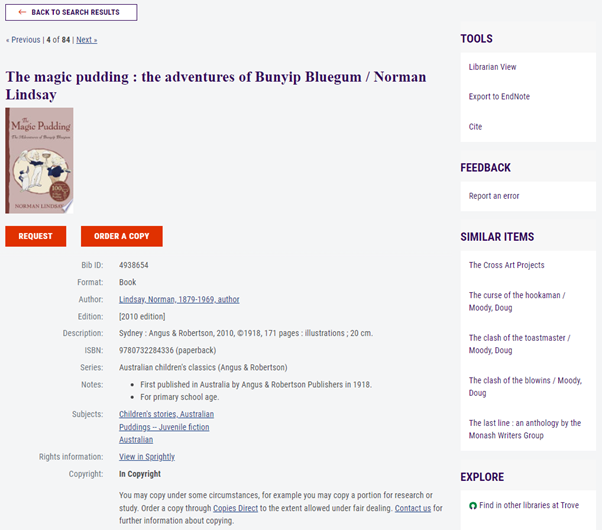 Catalogue record of The Magic Pudding by Norman Lindsay, showing the request and order a copy buttons underneath the book image.