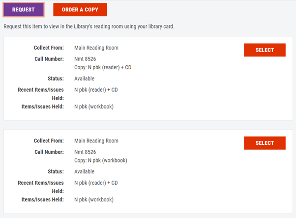 Screenshot showing the options for requesting items to be collected from the Library's reading rooms.