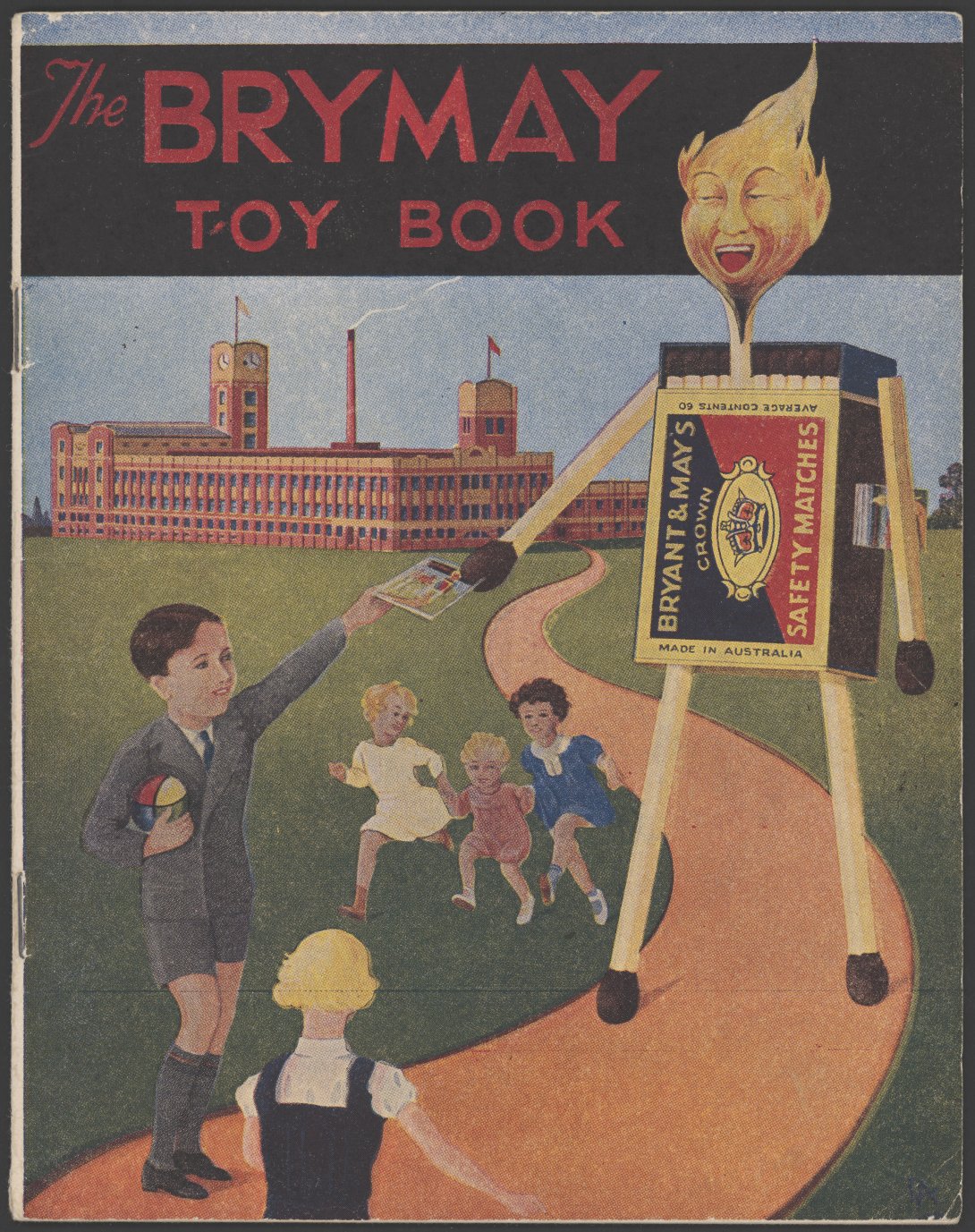 Book cover with children running along a path that leads to a large building. Also walking on the path is a living box of matches with matchstick arms and legs and a head made of fire