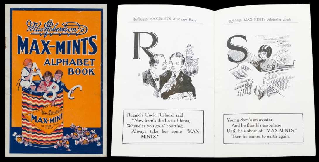 Cover and inside page spread of a short book. The cover has an orange background and has kids holding letters and standing in a tin with 'Max-mints' on it. Large text reads 'MacRobertson's Max-Mints alphabet book'. The page spread shows large letters and black and white illustrations