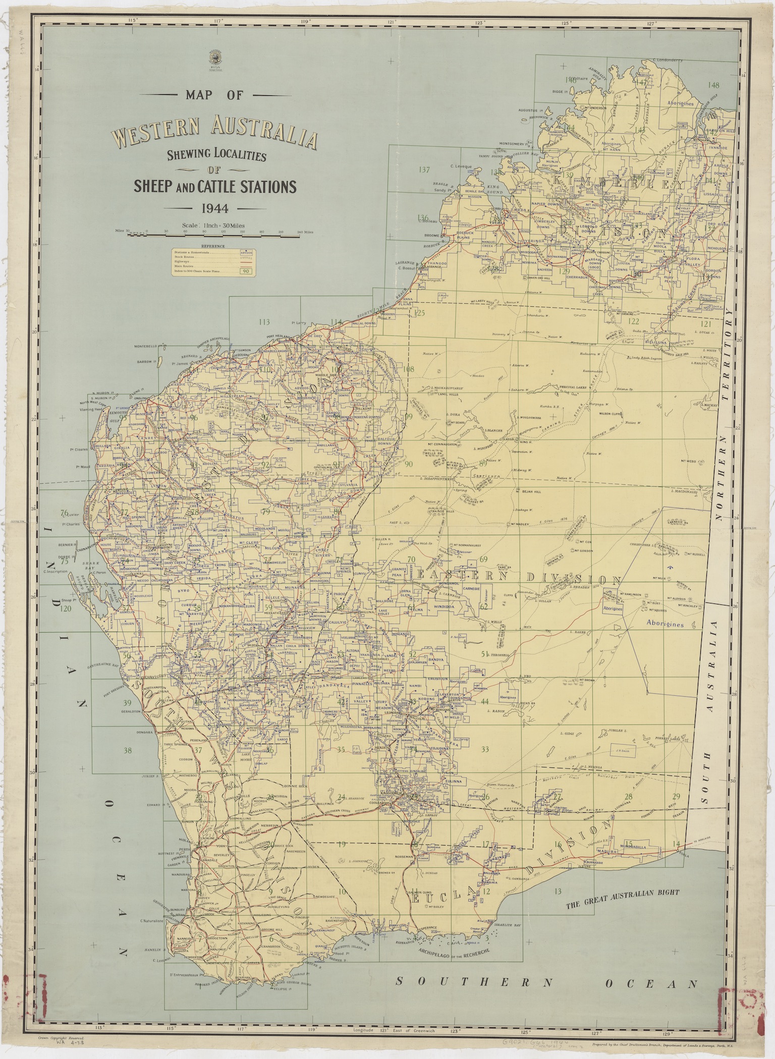 Map of Western Australia with lots of lines and areas showing sheep and cattle stations