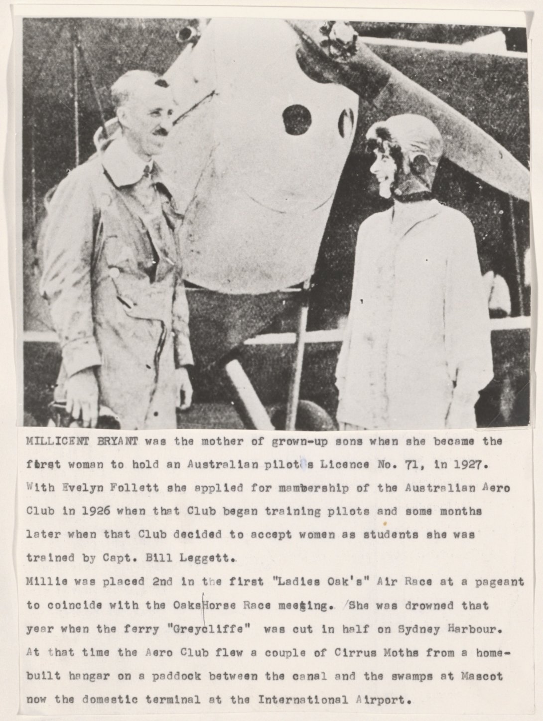 Black an white photo of a woman in a pilot cap standing at the front of a plane with a man with a moustache. Below the image are two paragraphs of text about the woman's career as a pilot