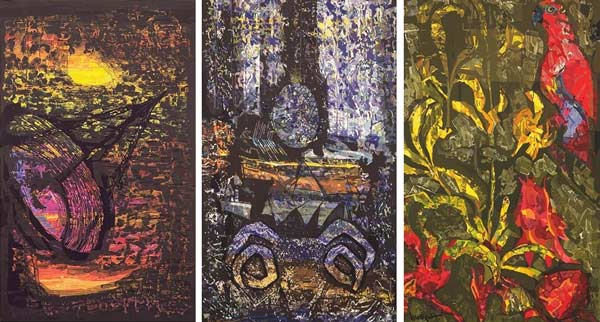 Three colourful tapestries