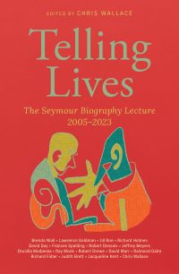 The front cover of the book 'Telling Lives' which features an abstract design on a red background