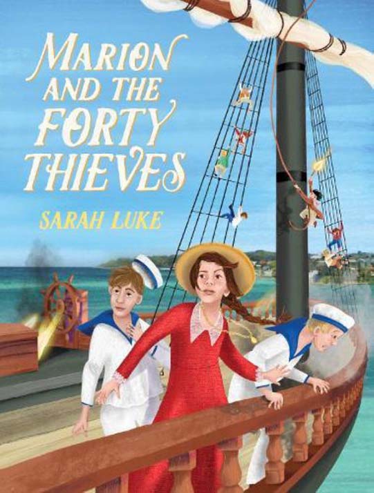 The front cover of the book 'Marion and the Forty Thieves' showing children on a ship