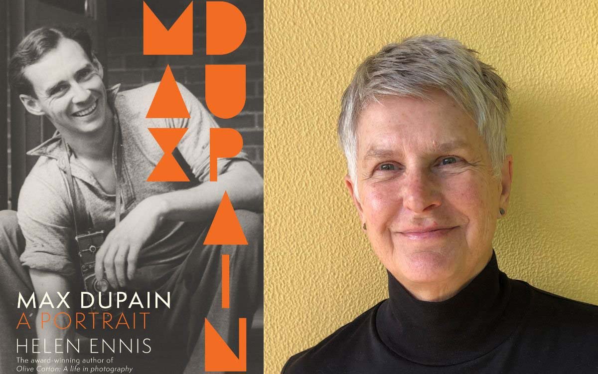 On the left is the front cover of the book 'Max Dupain: A Portrait'. On the right is a photo of a woman with short hair, wearing a black tutrtle-neck top and standing in front of a yellow background.