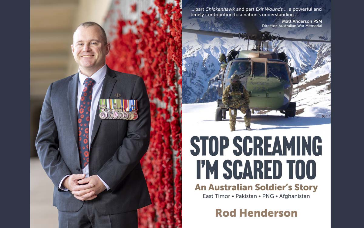 Author Rod Henderson and a cover of his book 'Stop Screaming I'm Scared Too: An Australian Soldier's Story'.