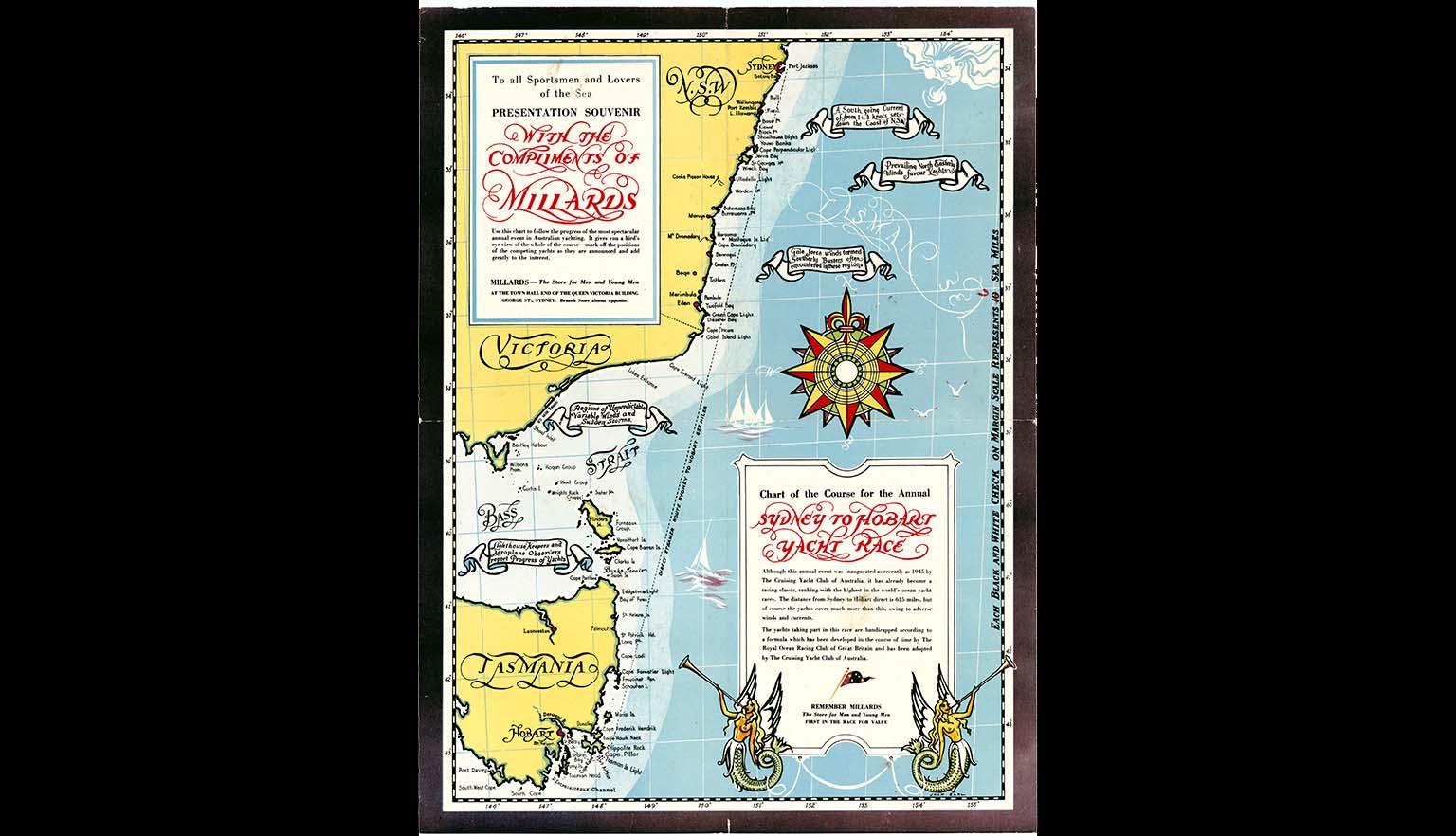 A yellow and pale blue map of the course of the Sydney to Hobart yacht race.