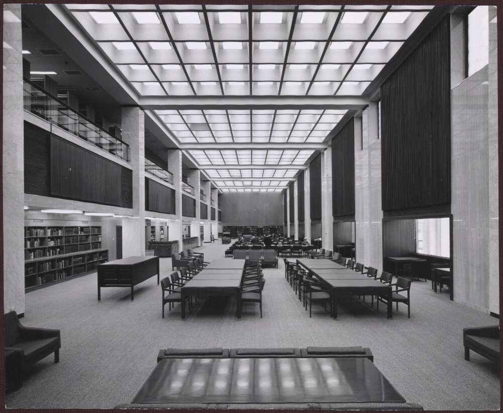 Black and white photo of the National Library of Australia's main reading room