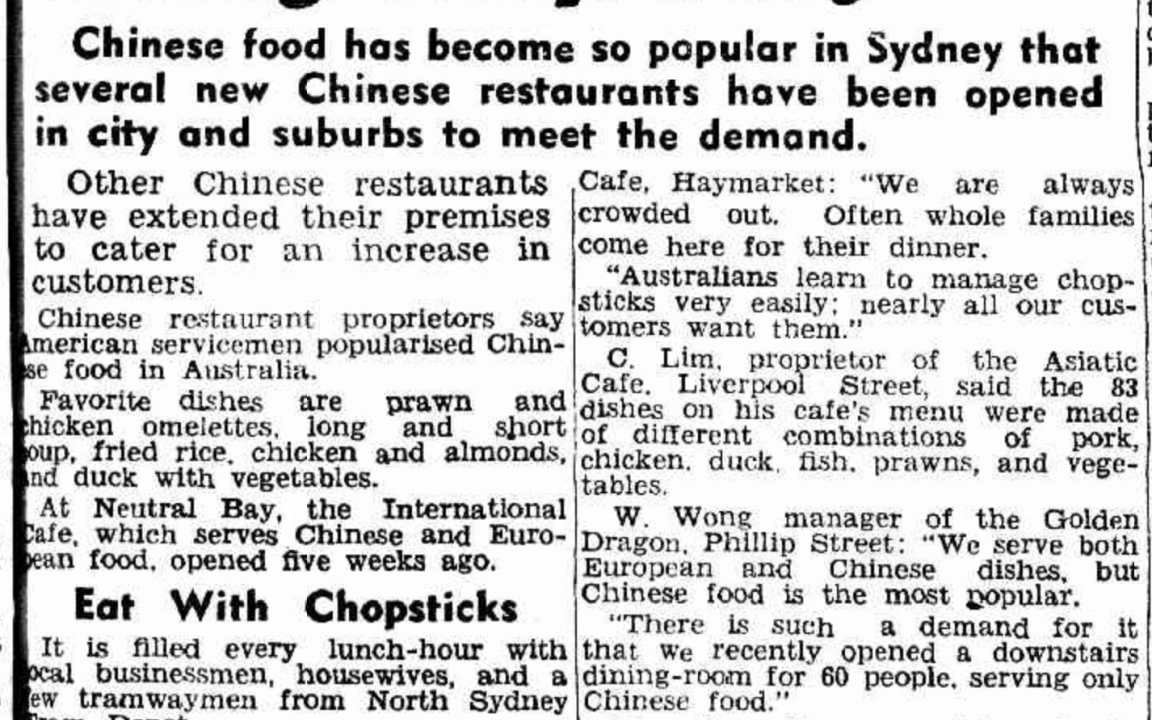 Newspaper article titled 'More Sydney people eating chop suey' discussing the rising popularity of Chinese food and cooking