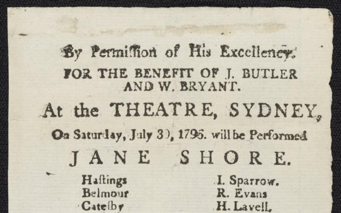 Copy of a printed playbill containing details for a performance of Jane Shore at the Sydney Theatre in 1796.