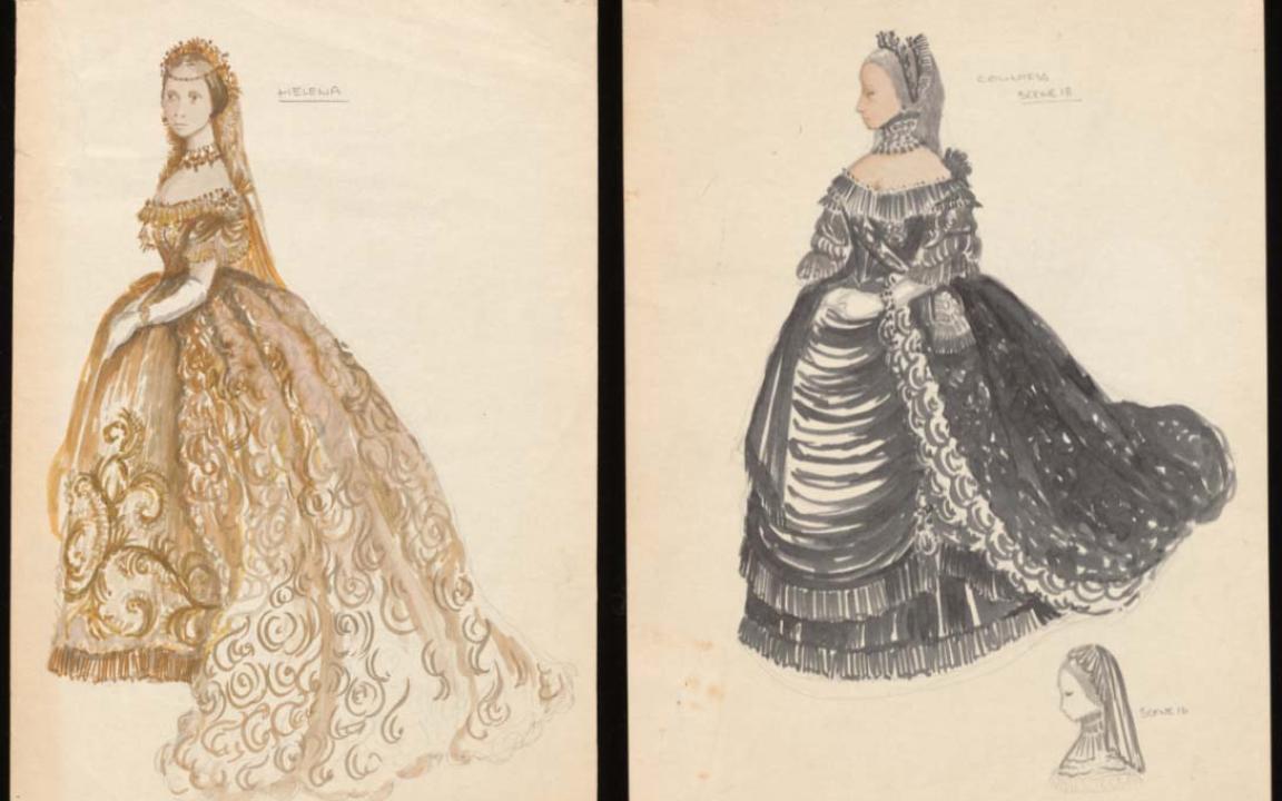 Two designs for ballgowns, one gold and one black