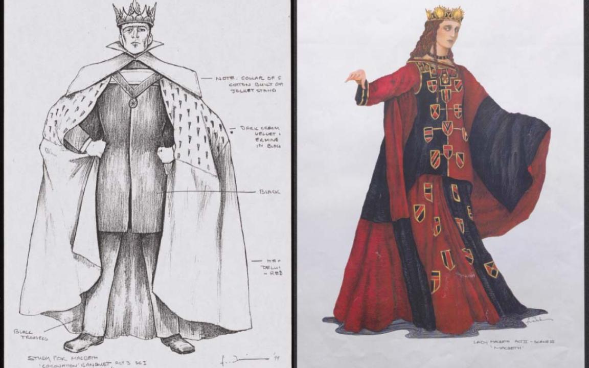 Two costume designs, one for a man the other for a woman, with annotations. The man's costume features a crown and a long cape. The woman's costume is a red and blue dress and a crown.