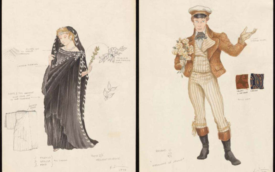 Two costume designs with annotations. On the left, a woman in a black dress with a hood and lots of draping material. On the left, a man in white pants, an orange jacket, a cap and black boots.