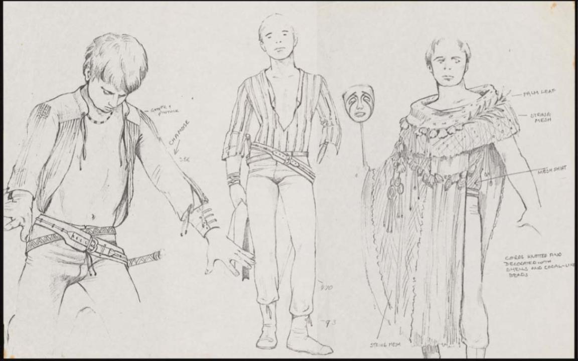 Three costume sketches for men. On the left, a close look at a jacket with no shirt underneath, in the middle a shirt with a deep 'v' and on the right robes with vines.