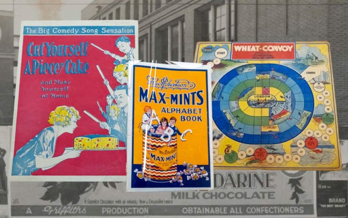 Three colourful advertisements, including a board game, photoshopped on a black and white background