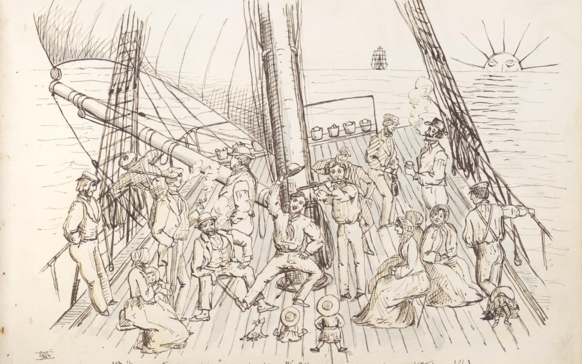 Sketch of passengers of a ship on the deck talking, playing music and dancing