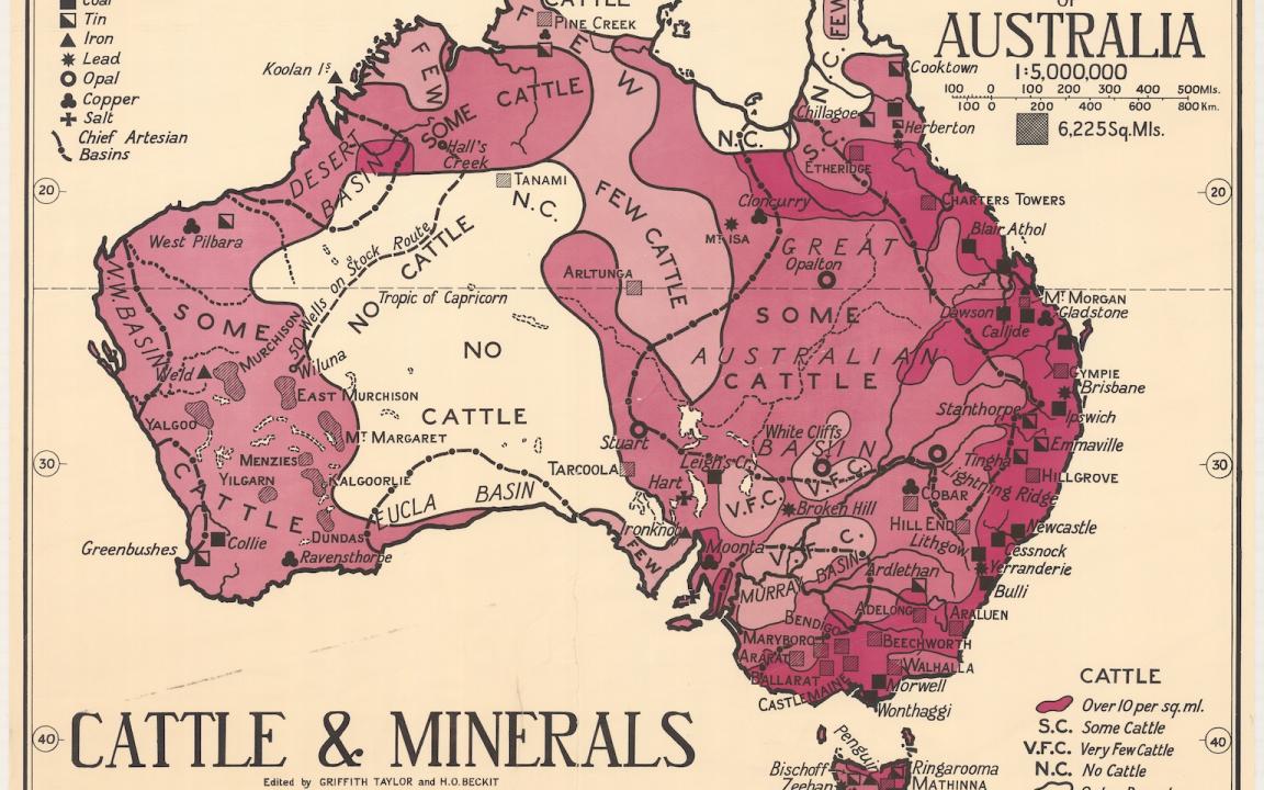 A 1920s map of Australia showing distribution of cattle and minerals