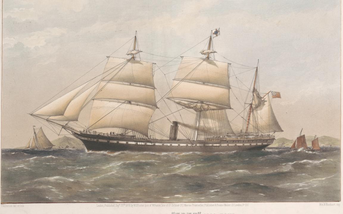 Painting of a large ship setting sail in the sea, surrounded by smaller boats