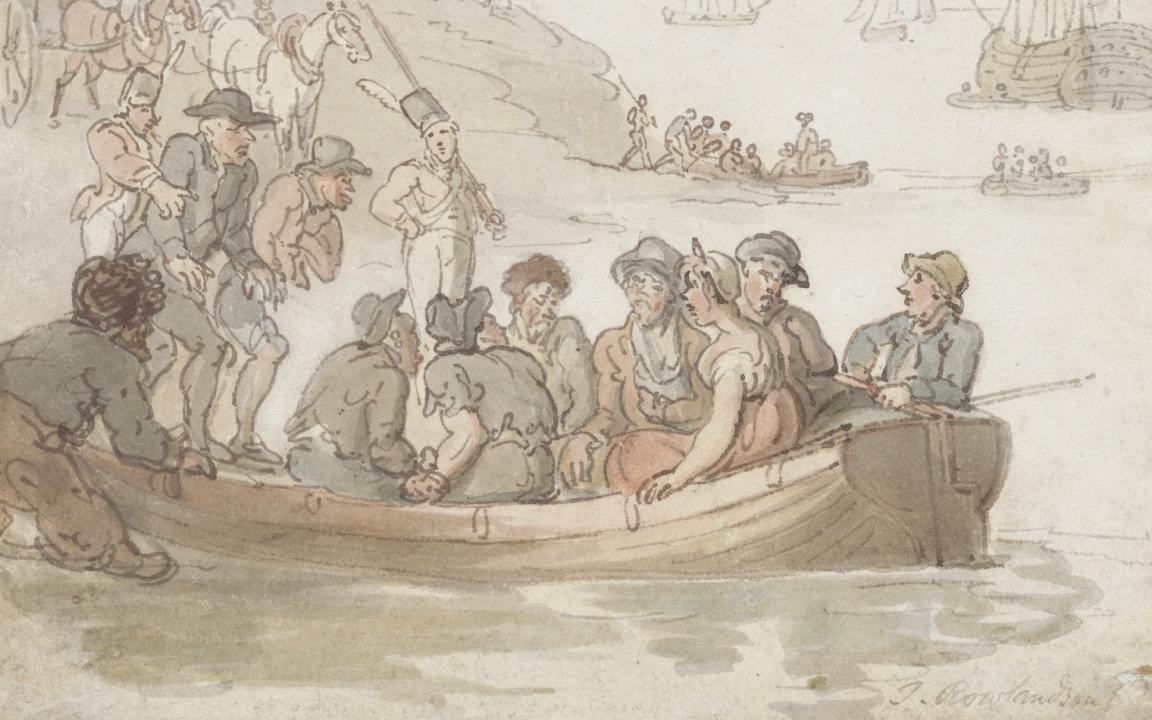 Watercolour of convicts being lead onto small boats along the shore by military, with boats in the distance moving towards a large ship