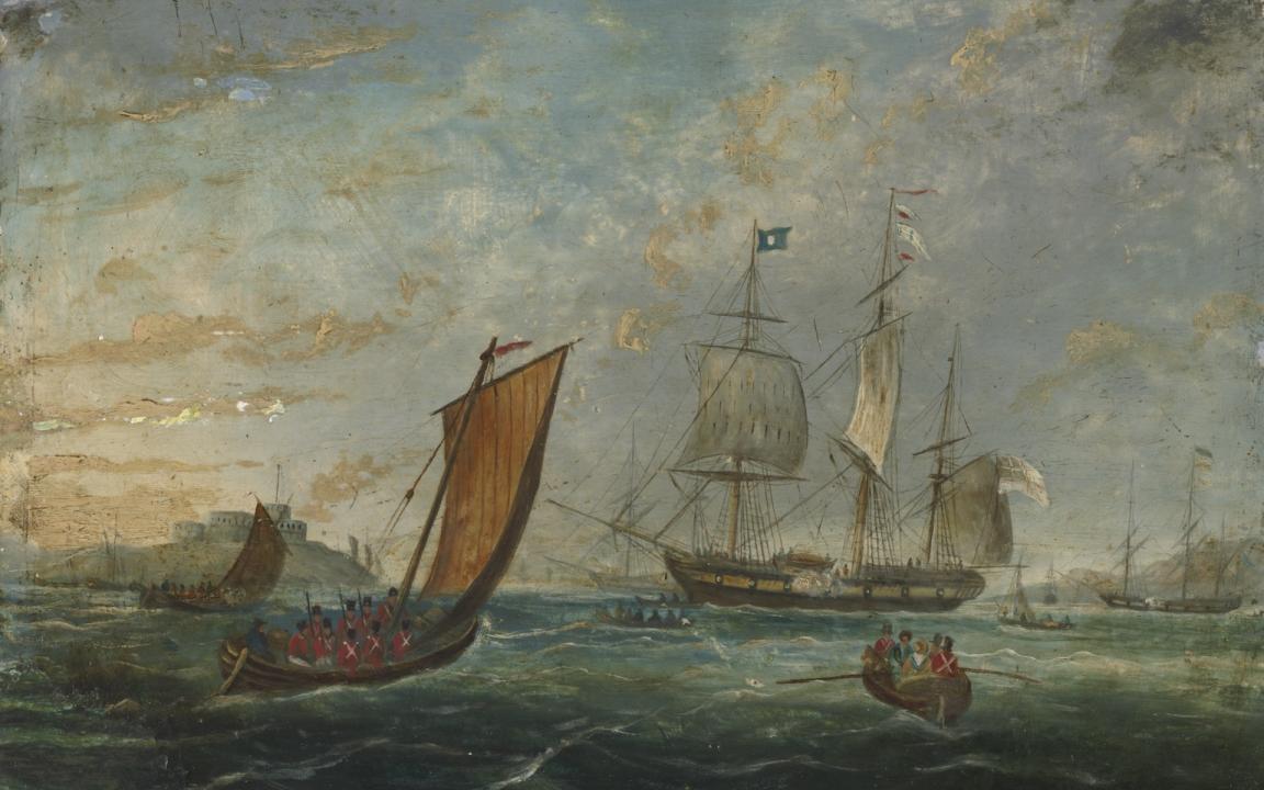 Painting of boats of various sizes full of English solders in red uniforms heading towards a large ship that will take them to Australia