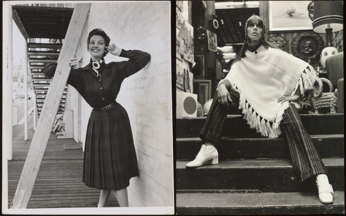 Two black and white fashion photographs. The photo on the left shows a smiling woman wearing a mid-length, button-up, long sleeve dress and a scarf tucked into the collar leaning on a beam next to a brick wall. The photo on the right shows a woman in a white poncho, headband, dark pants and white boots sitting on stairs looking dramatically into the distance