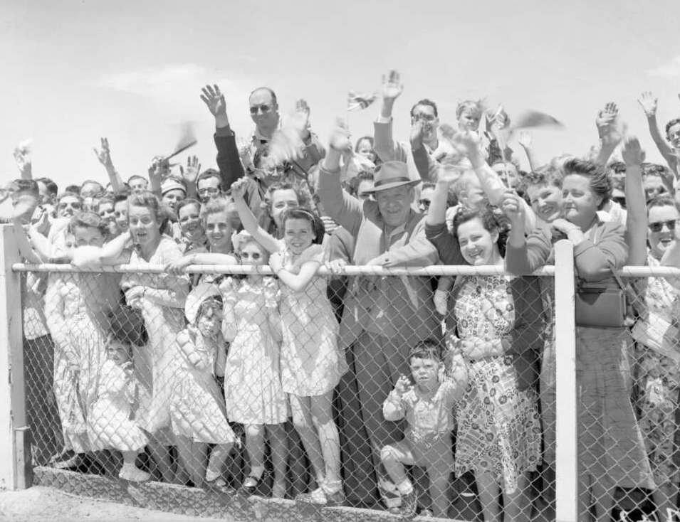 Crowd of spectators at a fence, Olympic Games, Melbourne, 22 November 1956