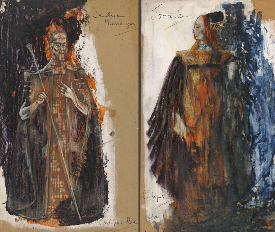 Detailed, slightly abstract sketches of costumes for a man and a woman featuring red, black and orange robes and headdresses