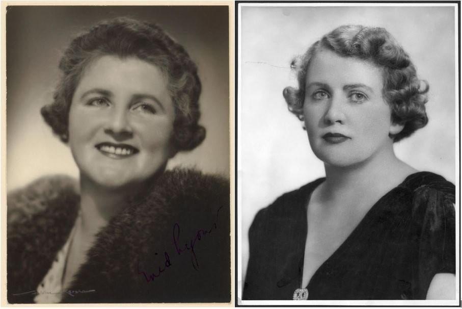 Two portrait photographs side by side. The one on the left is a sepia toned image of a woman with a 1950s hairstyle and a fur around her neck The one on the right is a black and white image of a woman with a 1950 hairstyle wearing a dark velvet-looking dress.