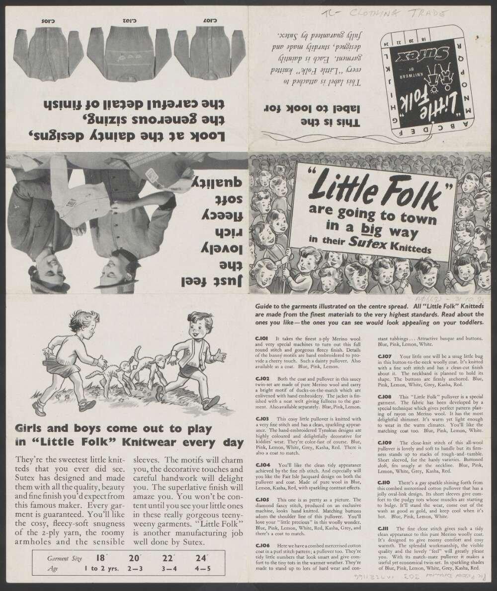 A flyer with information about 'Little Folk Knitteds' including black and white illustrations and paragraphs of text