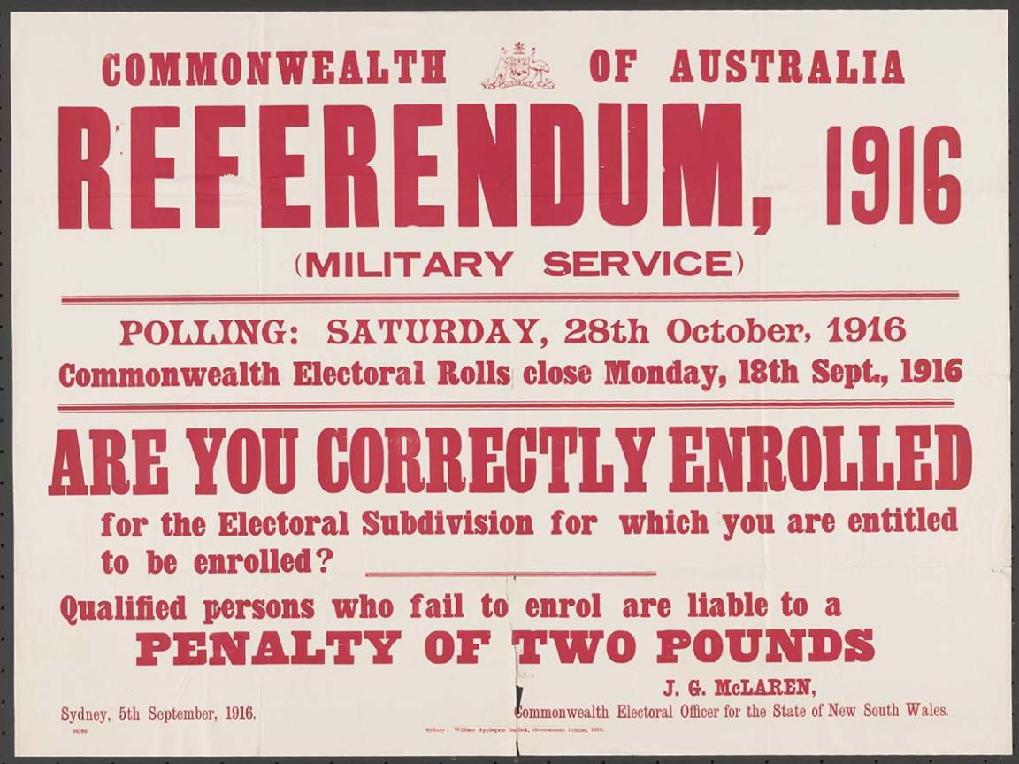 A bold poster with stacked red text in different fonts reads: COMMONWEALTH OF AUSTRALIA, REFERENDUM, 1916 (MILITARY SERVICE), POLLING: SATURDAY, 28th October, 1916, Commonwealth Electoral Rolls close Monday, 18th Sept., 1916  ARE YOU CORRECTLY ENROLLED for the Electoral Subdivision for which you are entitled to be enrolled? Qualified persons who fail to enrol are liable to a PENALTY OF TWO POUNDS. J. G. McLAREN, Commonwealth Electoral Officer for the State of New South Wales. Sydney, 5th September, 1916.