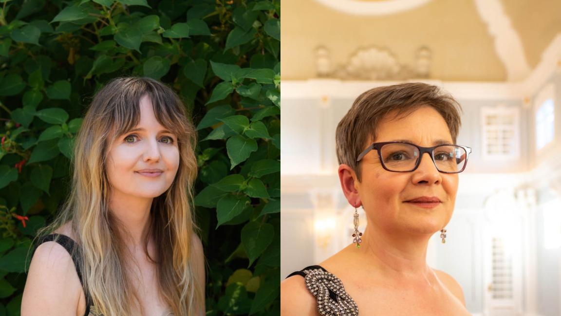 Collage of two headshots. On the left, a woman with brown and blonde hair, fair skin and a fringe standing in front of a hedge. On the right a woman with large glasses and a pixie cut smiling and standing in a bright, old fashioned looking room