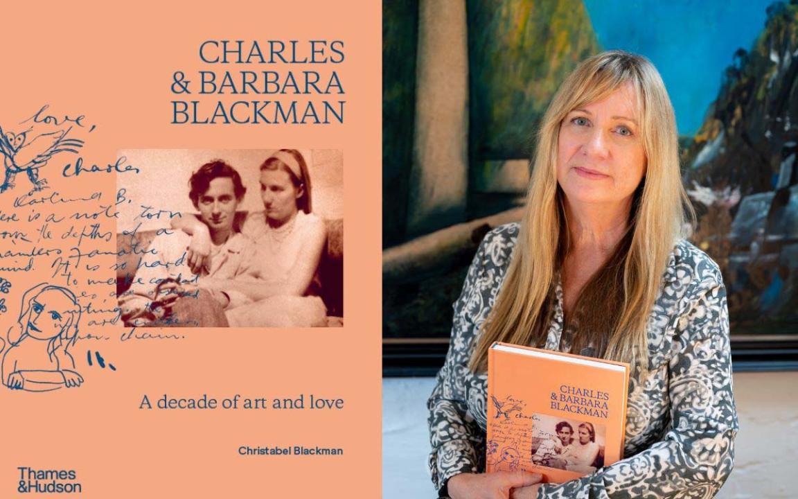 The left hand side of the image is the front cover of the book 'Charles &amp; Barbara Blackman: A Decade of Art and Love'. The right hand side of the image is a portrait photograph of a woman with long hair holding a book.