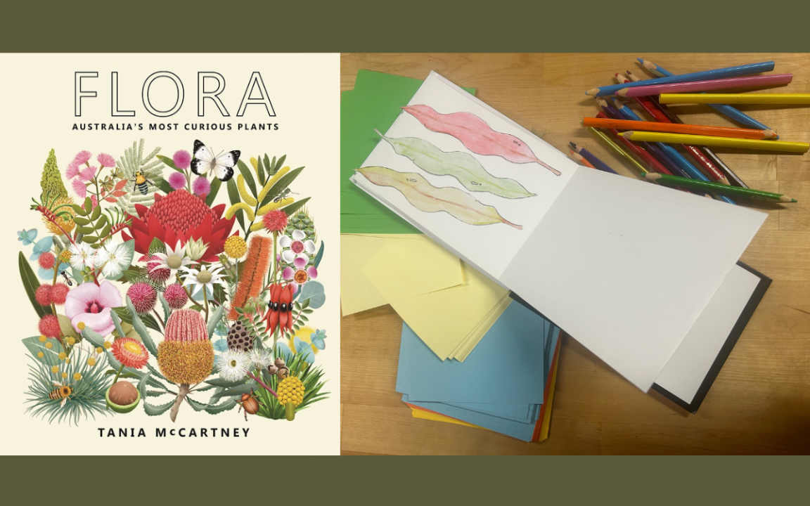 The book cover of 'Flora' by Tania McCartney and a sketchbook with colouring pencils.