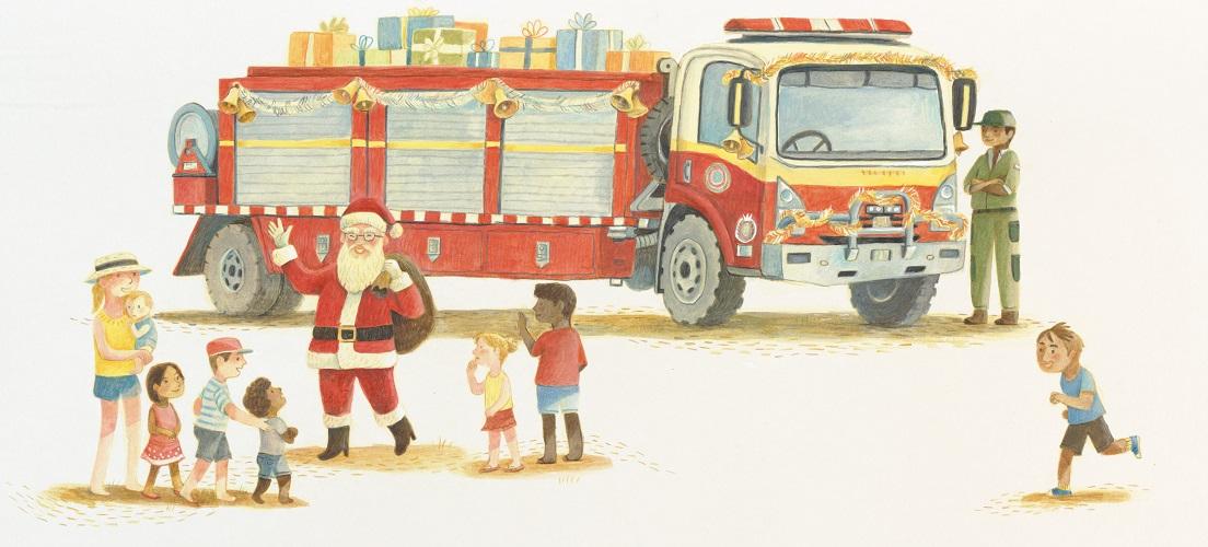 An illustration of a fire truck loaded up with presents and decorated with tinsel. Santa is standing next to the fire truck, carrying a sack. He is greeting several children and adults.