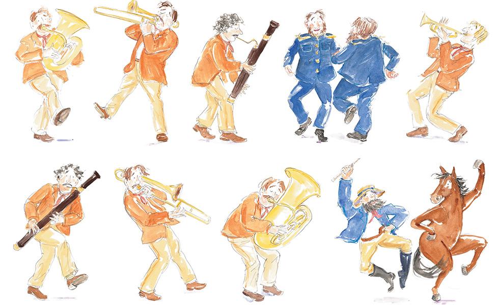 Illustrations of people and a horse playing instruments and dancing