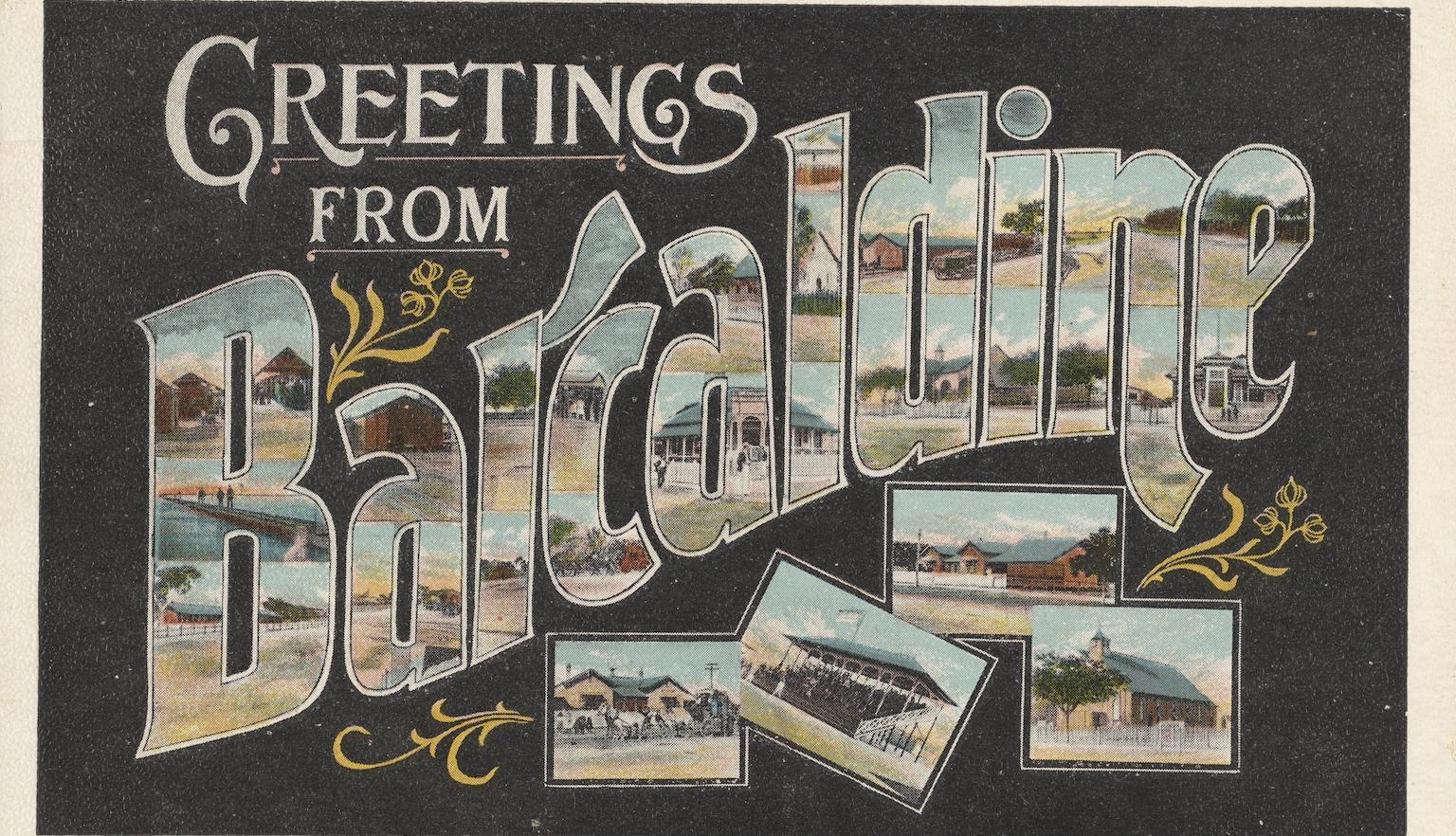 Text reading 'Greetings from Barcaldine' with illustrations from around the town