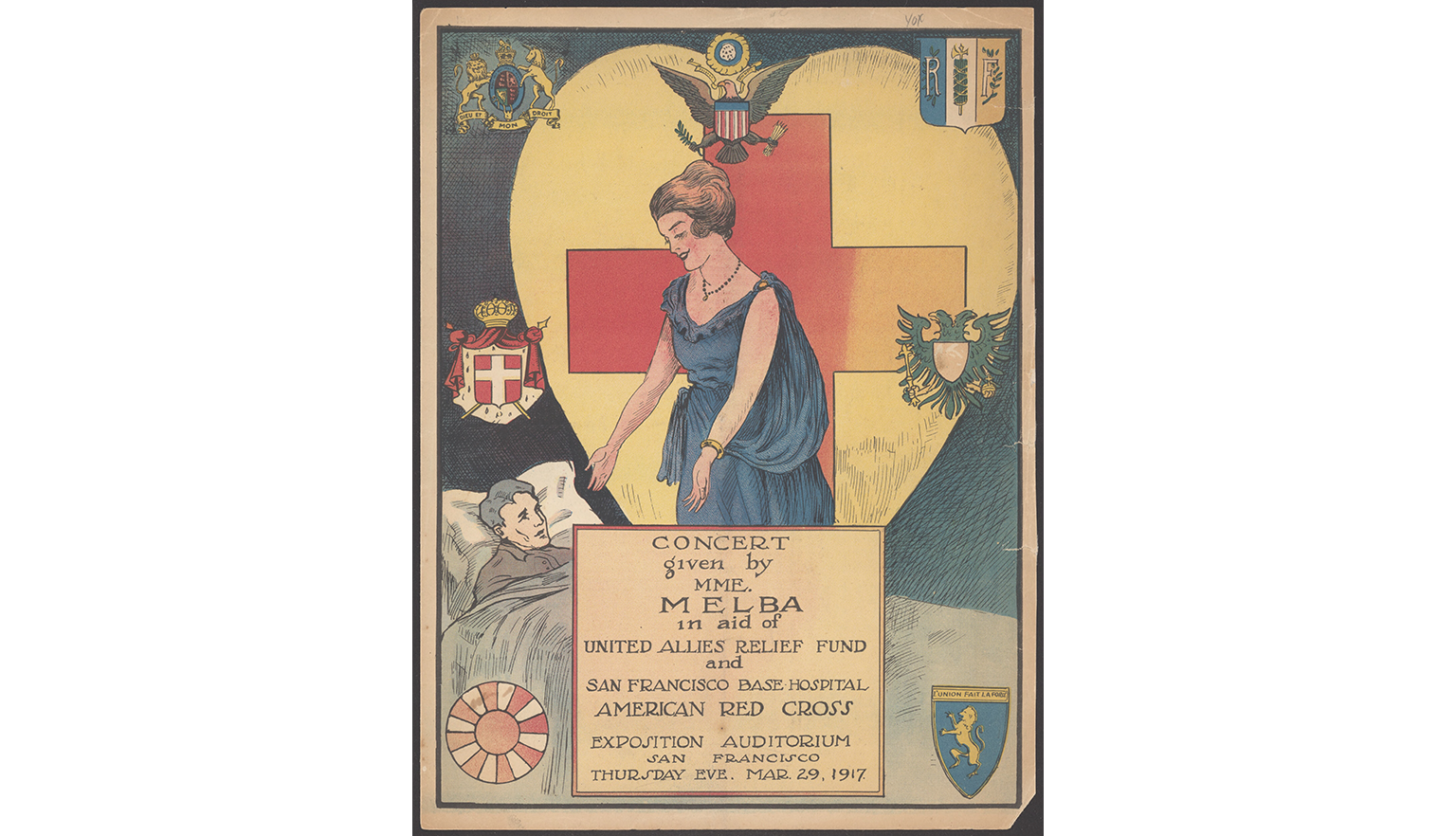 A poster with details of a 1917 concert by Mme Melba with a woman looking down at a man lying in a bed