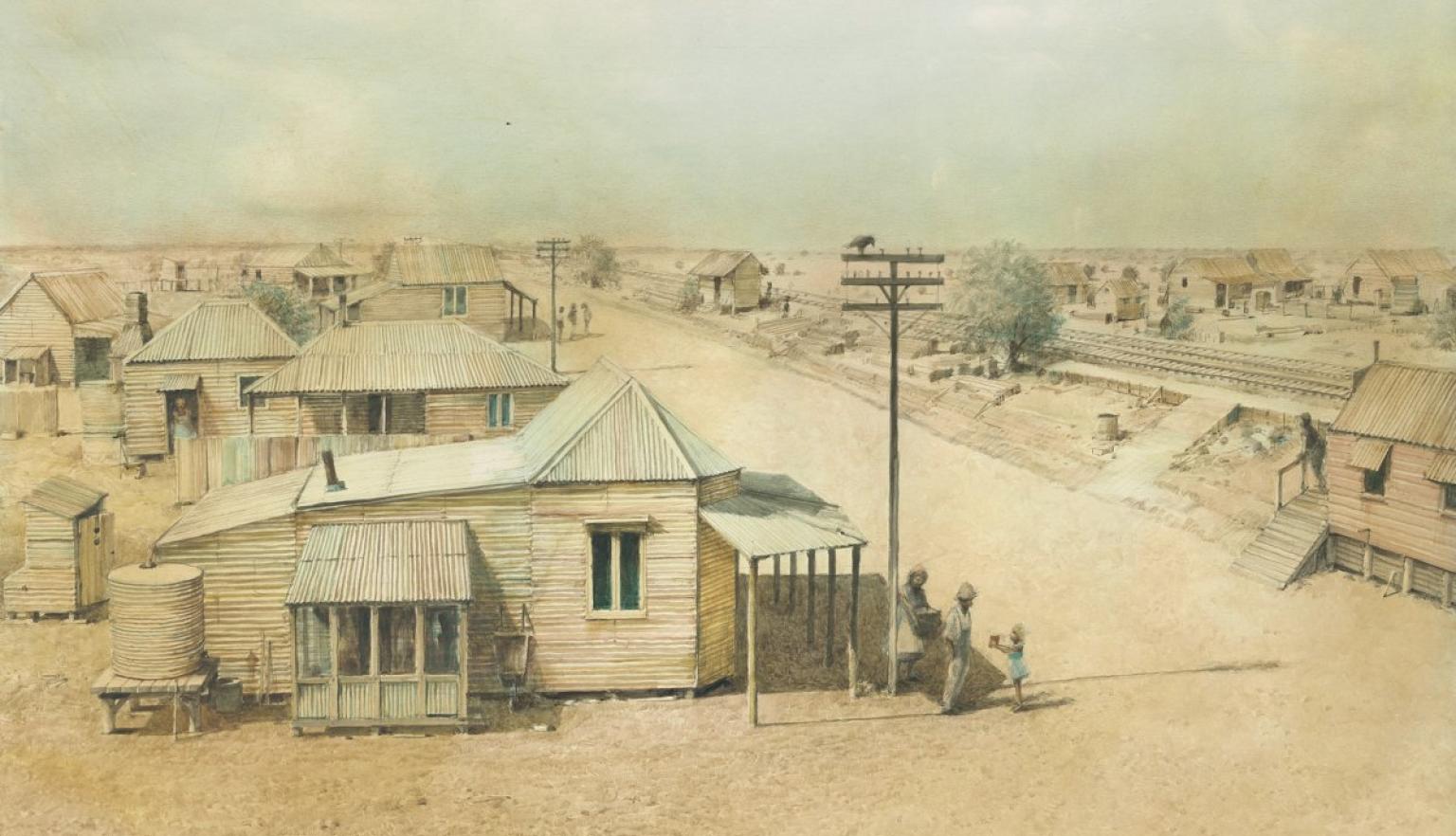 Drawing of a dusty old township