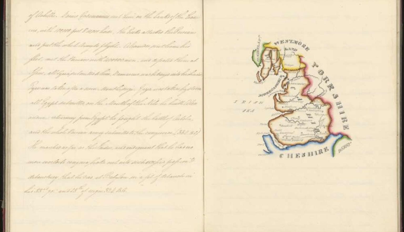 Left page of handwriting and right page a simple map of Irish provinces. 