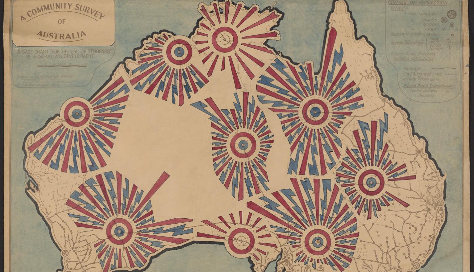 Hand coloured manuscript map of Australia, on base map titled 'A community survey of Australia', showing reach of Flying Doctor Service in red and reach of wireless communication in blue. Shows locations as Wyndham, Port Hedland, Kalgoorlie, Alice Springs, Cloncurry and Charleville and Broken Hill.