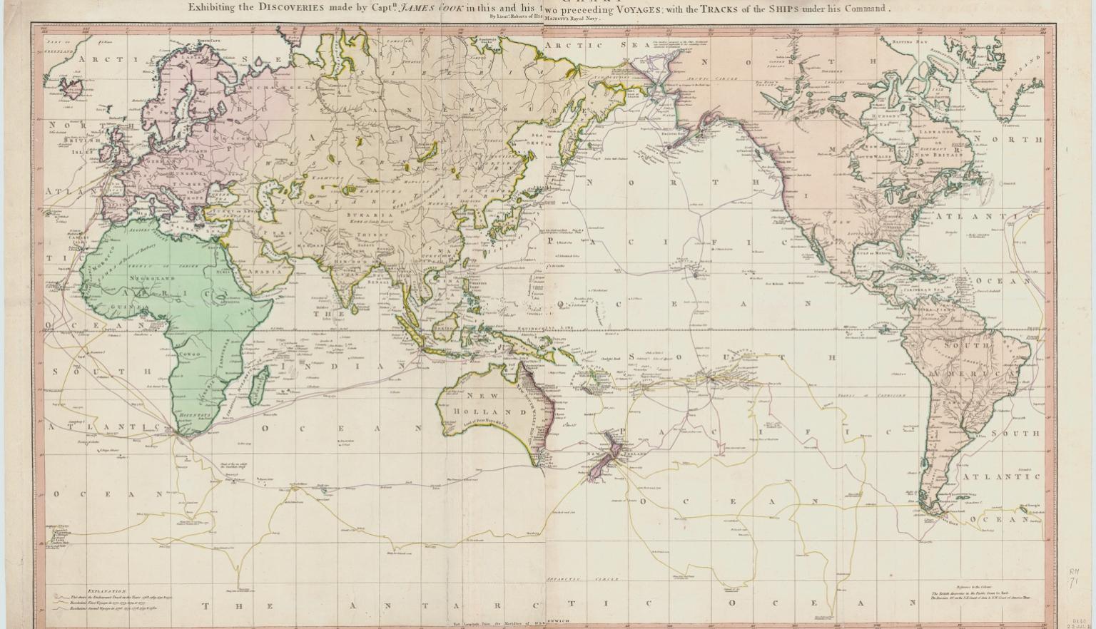 An antique world map titled 'General Chart' showing the discoveries made by Captain James Cook during his voyages.