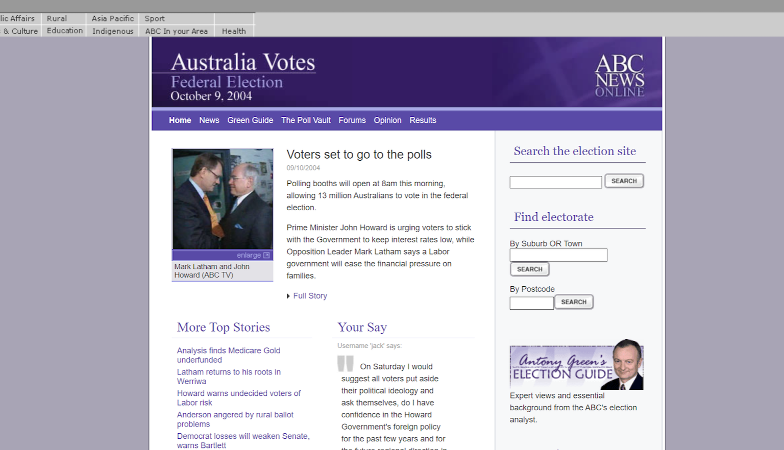 Website homepage with 'Australia Votes Federal Election October 9, 2004' and 'ABC News Online' along the top. ON the page are links to 'Top Stories' and a searchable 'Election Guide'