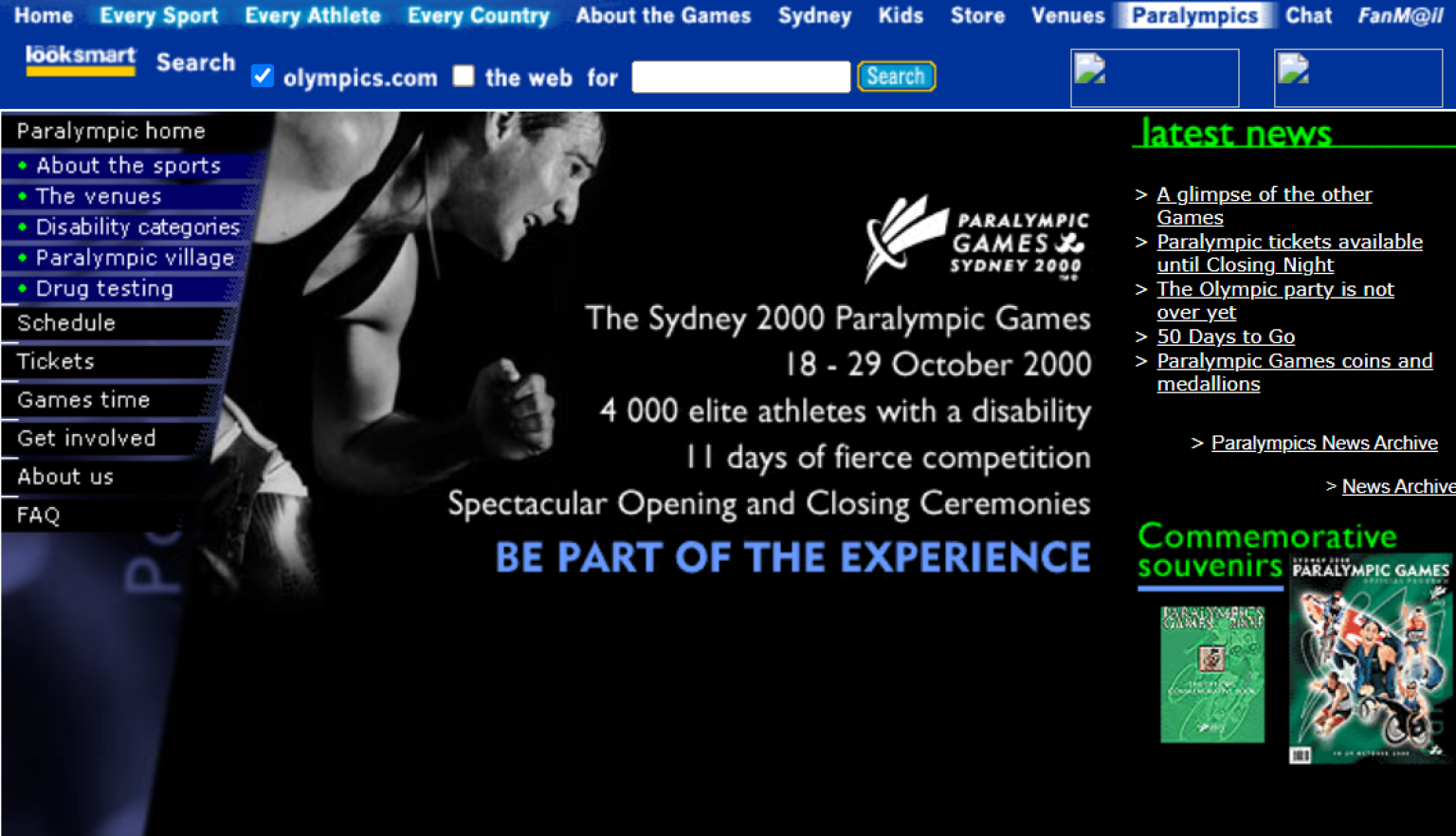 Screenshot of an old website with a blue colour scheme, open to a page with information about the 2000 Paralympics with an image of an athlete running