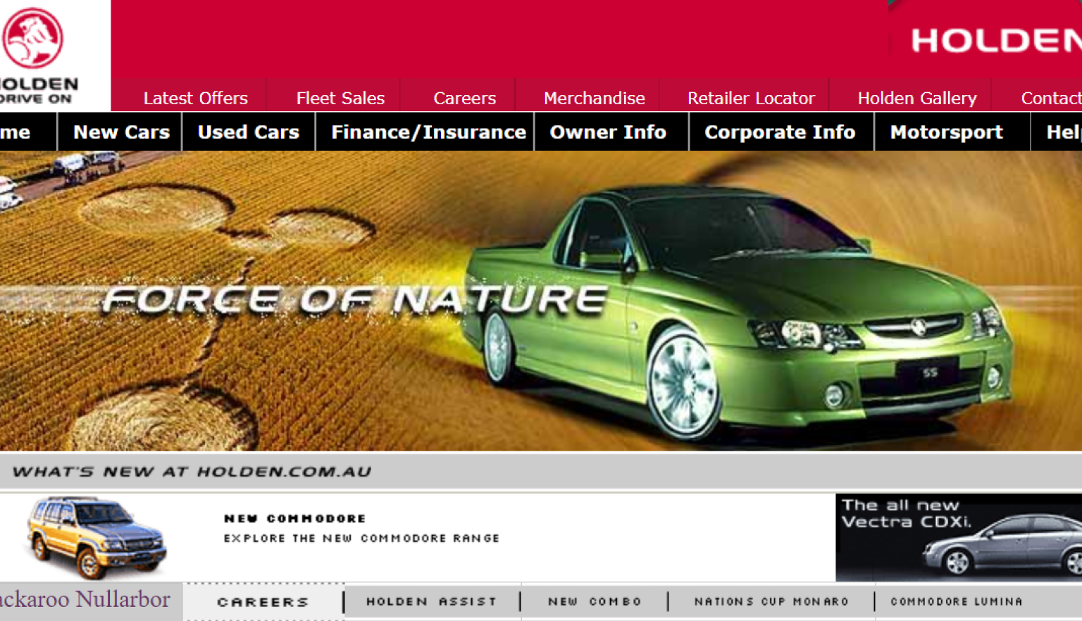 Website homepage with the 'Holden' logo in the top left corner, navigation leading you to various pages, such as 'Latest Offers', 'Merchandise' and 'Retailer Locator', and a large image of a green ute